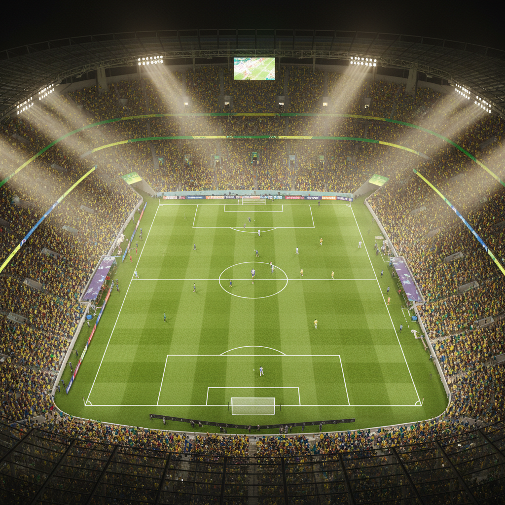 Campo de futebol com jogadores em lance ofensivo na Copa do Mundo 2026